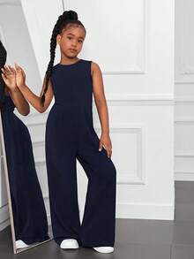 Firerie Kids Firerie Kids 青少年女孩时尚街头服饰纯色针织无袖连身裤 - 藏蓝色 - 查看 1