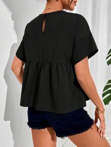 SHEIN Essnce Women Summer Solid Color Round Neck Short Sleeve Loose Blouse,Short Sleeve Tops - Black - View 5