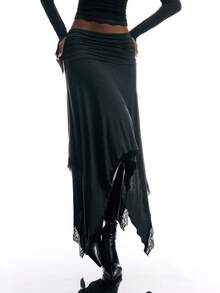 LYSMO Women's Solid Color Waist Pleated Contrast Lace Asymmetric Hem Fashion Skirt Everyday Night Blackness Summer Casual Grunge - Dark Grey - View 5