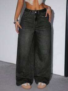 SHEIN Teen Girl Casual Versatile Daily Wear Denim Jeans With Pockets And Buttons - Black - View 5
