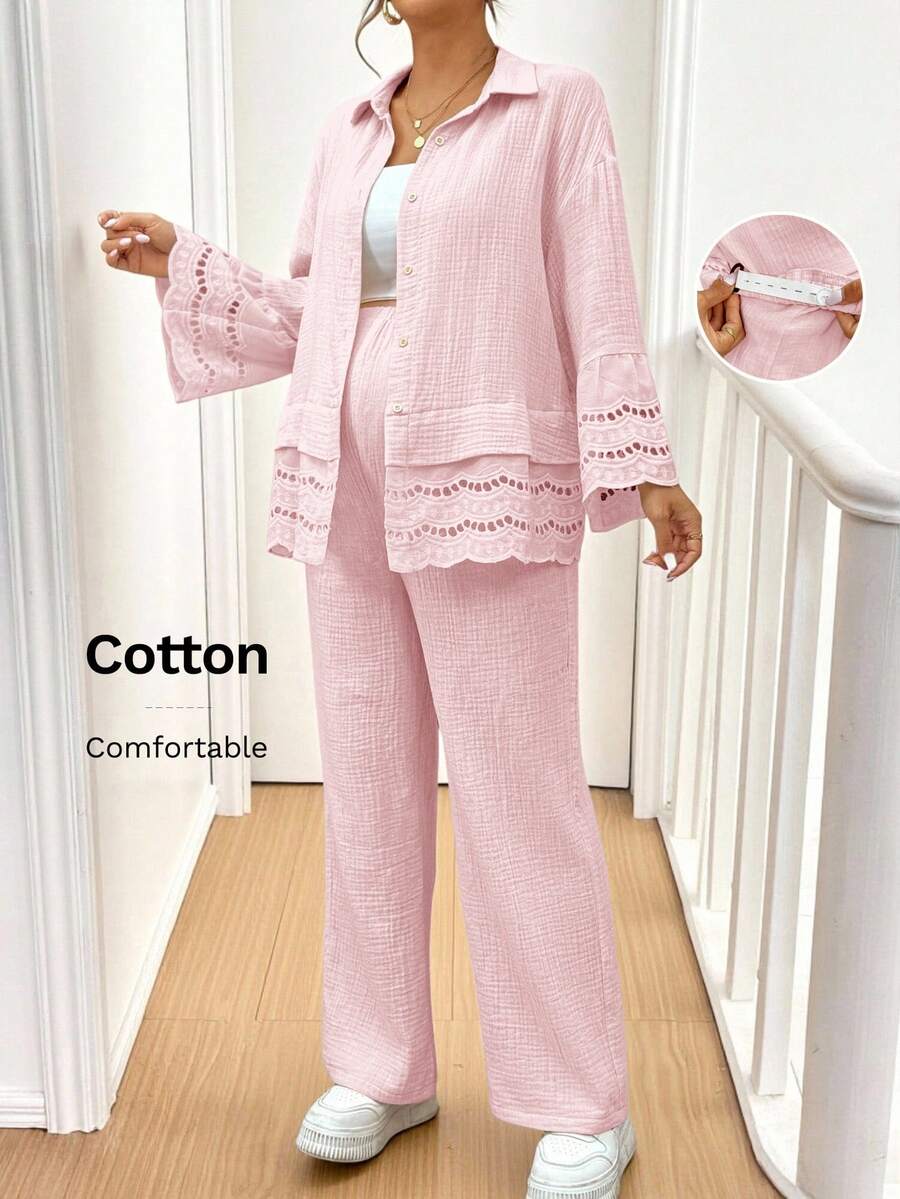 SHEIN 孕婦純色鏤空刺繡拼接襯衫與長褲兩件套 - 粉色 - 查看 1