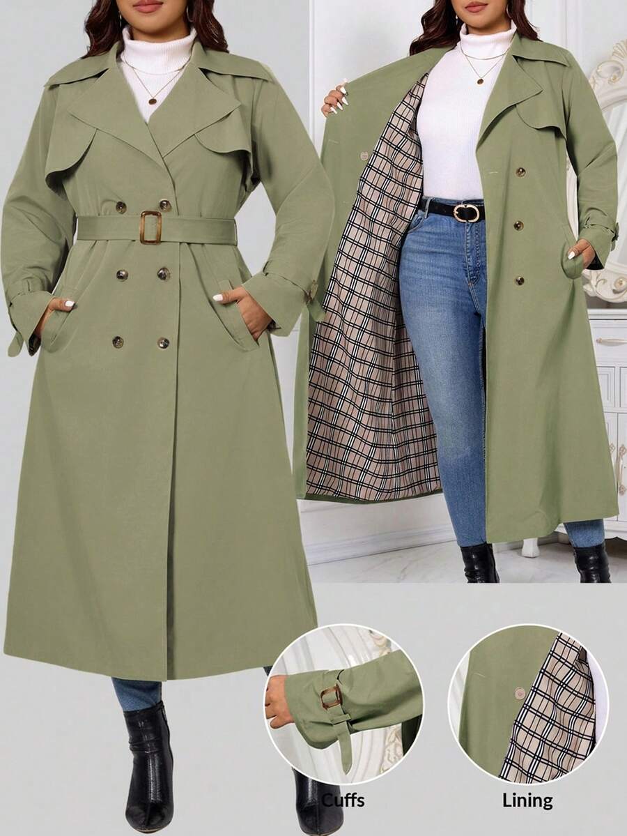 SHEIN Clasi Plus Size Fashion Elegant Double-Breasted Pocket Long Sleeve Trench Coat - Mint Green - View 1