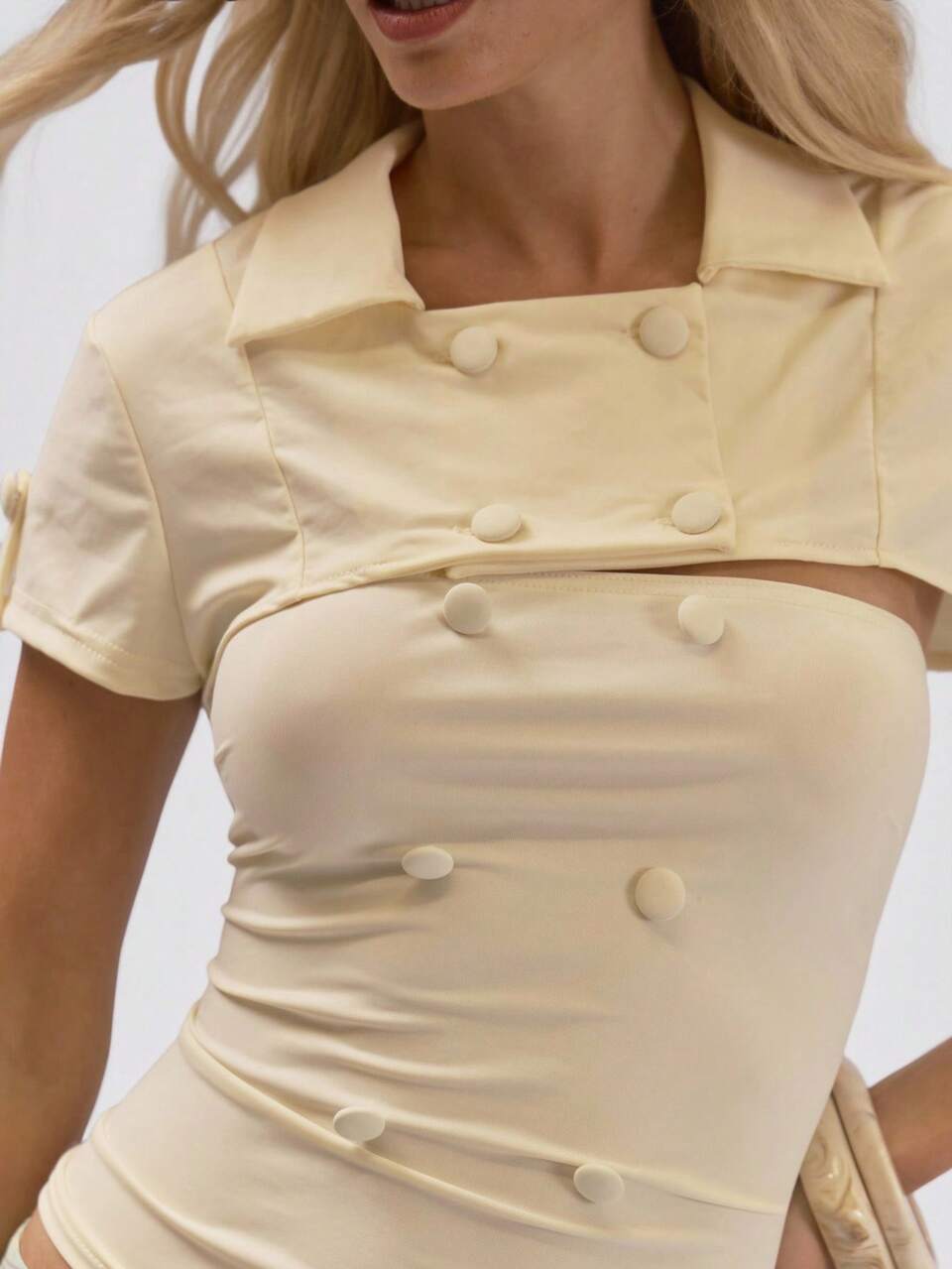 Butter Yellow Layered Double-Breasted Collar Detail Shrug And Strapless Top Set