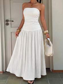 Muchica Plus Size Women's Sleeveless Bandeau Waist-Cinched Ruffle Hem Dress - White - View 5