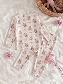Conjunto de ropa de estar en casa de manga larga con estampado de dibujos animados y flores para bebé recién nacida - Multicolor - Ver 2