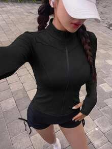 DAZY 女款純色彈性小立領修身長袖夾克，運動休閒，春秋款 - 黑色 - 查看 4