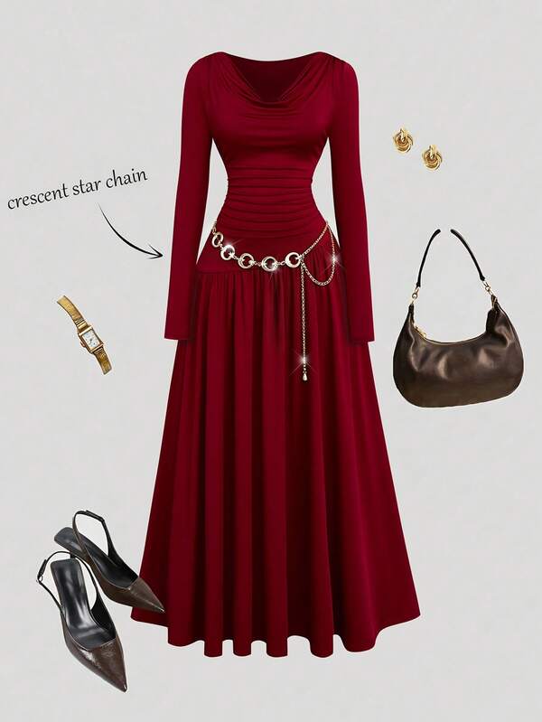 Sweetra Plus Size Women's Vintage Elegant Autumn/Winter Burgundy Cowl Neck Long Sleeve A-Line Maxi Dress, Simple Elegant, Featuring Deep Draped Neck And Metal Necklace Decoration, Combining Sweet And Sexy Style, Vintage Romantic, Suitable For Daily Wear, Back To School, Birthday Party, Cocktail Party, Wedding Guest, Elegant Evening, Romantic Date And Thanksgiving Gathering, Autumn Dress