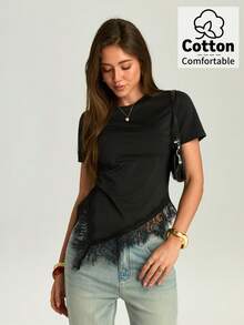 Firerie Women's Minimalist Elegant Casual Vacation Commute Slim Fit T-Shirt Top, Black Short Sleeve Waist-Cinching Asymmetrical Hem Lace Trim, Suitable For Vacation, Beach, Holiday Wear - Black - View 7