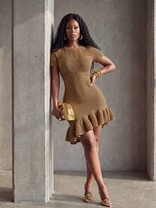 BamGlimmer Solid Color Ruffle Trim Sleeveless Knit Dress - Khaki - View 5