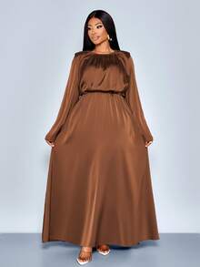 SOLERSUN Plus Size Women's Fashion Solid Color Satin Shiny Fabric Round Neck Elastic Waist Slimming Elegant Exquisite Loose High-End Temperament Light Luxury Long A-Line Big Flared Long Sleeve Dress, Maxi Dress, Daily Commuting All-Match Women's Clothing, New Style, Music Festival, Party, Birthday Party, Solid Color Dress, Christmas, New Year, Fall, Winter,Modest - Brown - View 7