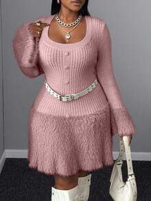 Maweii Plus Size Women Solid Color Elegant Fitted Fuzzy Heart Knitted Sweater Dress Winter - Pink - View 6