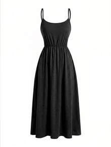 SHEIN Clasi Plus Size Solid Color Shirt & Cami Dress 2 Pieces Set - Black - View 3