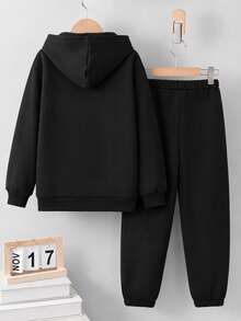 SHEIN Coolqubz 2件組男童黑色運動衫與長褲套裝，圖案印花，帥氣街頭風休閒服，適合春秋季，適合上學與外出 - 黑色 - 查看 3