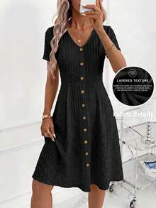 SHEIN Clasi Jacquard Front Button Dress, Suitable For Daily Wear - Black - View 1