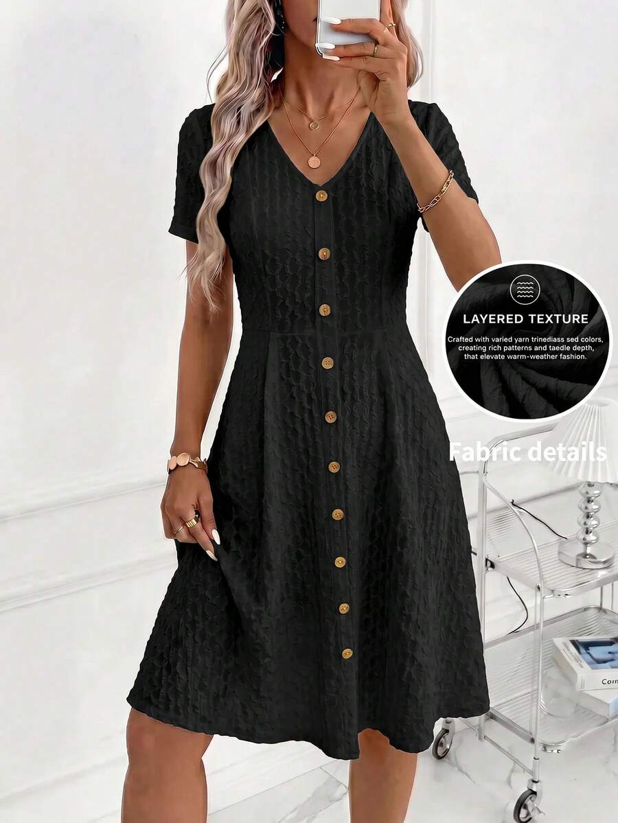 SHEIN Clasi Jacquard Front Button Dress, Suitable For Daily Wear - Black - View 1