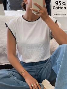 Siren Gaze 95%棉女款優雅短袖T恤，黑白貝殼刺繡飾邊飄逸袖夏季上衣，適合早午餐、Y2K休閒辦公穿搭 - 白色 - 查看 4