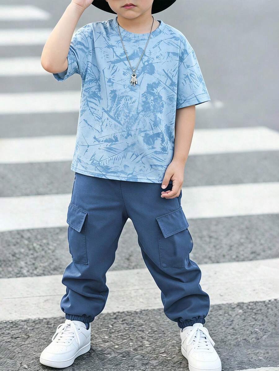 青少年男孩休閒簡約圓領短袖T恤與長褲套裝,適合秋冬穿著 - 彩色 - 查看 1