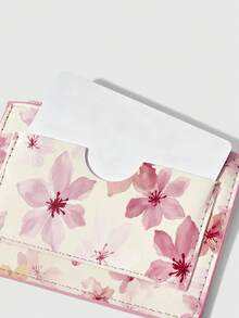ROMWE Kawaii Ladies Pink Cherry Watercolor Zipper Card Bag, Gentle Cherry Blossom Printing Card Holder, Portable Bank Card Change Bag. - Pink White - View 3