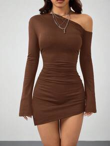 Coolane Women's Spring New Year Eve Date Night Rib Knit Ruched Asymmetrical Neck Slim Fit Skirts - Brown - View 2