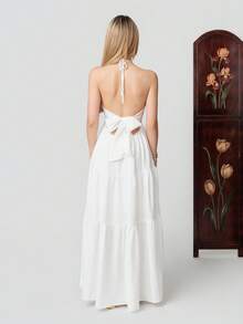PRISCILA ESCOTO PRISCILA ESCOTO Women's Romantic Floral Printed Beach Vacation Halter V-Neck Pleated Backless A-Line Dress For Summer Hawaii,White Graduation Dress Elegant Party - White - View 7