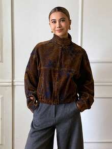 DAZY Women's Small Stand Collar Long Sleeve Loose Denim Jacket And Coat Fall - Brown - View 7