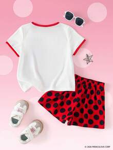 Miraculous Ladybug X SHEIN 2pcs/Set Casual Style Girls Tee Outfit, Round Neck Short Sleeve Top Paired With 2 In 1 Skirt, Miracle Girl Collaboration Girls Tee Set - Multicolor - View 2