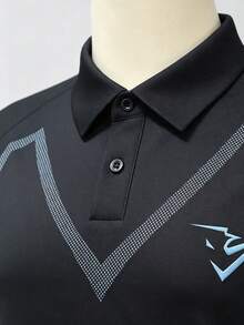 GymBeat Men's Striped Print Button Half-Placket Short Sleeve Sports Polo Shirt, Gym - Black - View 3
