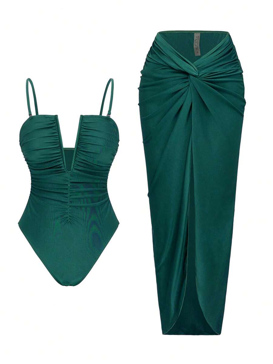 Swim Oasis 2pcs/Set Sexy Solid Color V-Neck Ruched Spaghetti Strap Bandeau One-Piece Swimsuit & Front Twist Split Beach Dress Set - Green - View 1