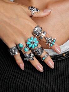 Kryxie 10pcs/Set Vintage Turquoise Flower, Texas Map, Cactus, Sunflower, Arrow Shaped Open Band Style Rings For Women Holiday Jewelry Valentines - Multicolor - View 5