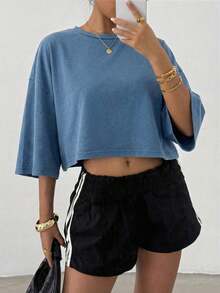 SHEIN EZwear 女士纯色简约圆领长袖T恤，日常穿着 - 藍色 - 查看 4