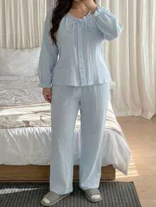 Dazy Plus Sweet Fresh Light Blue All Cotton Ruched Lace Design Loose Plus Size Women Spring Summer Loungewear Pajama Set - Baby Blue - View 3