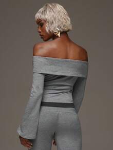 Normani Women's Off-Shoulder Colorblock Patchwork Top - Light Grey - View 3