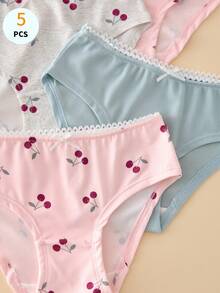 5pcs Fresh Contrast Color Cherry Print Girls Panties Set - Multicolor - View 5