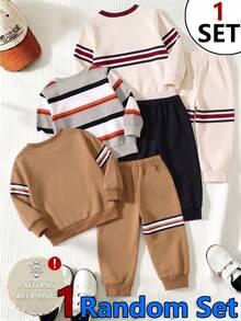 SHEIN 3 Sets Aleatorios Obtén 1 Set Sudadera de Cuello Redondo de Manga Larga con Estampado de Bloques de Color a Rayas y Pantalones Largos con Estampado a Juego, Adecuado para Actividades al Aire Libre en Otoño/Invierno - Multicolor - Ver 2