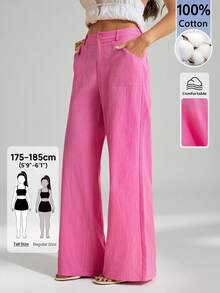 SHEIN Tall 100%水洗棉低腰直筒工裝褲，適合高個女性 - 玫紅色 - 查看 7