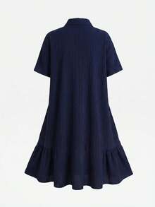 Teen Girl Polo Kids Striped Embroidered Pattern Short Sleeve Mid-Length Dress, Suitable For Teen Girl, Contrast Color Ruffle Collar Petal Sleeve Printed Dress, Suitable For School, Outdoor Activities, Shopping, Button Dress - Navy Blue - View 2