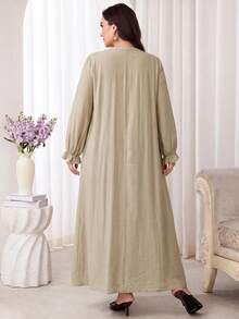Veilorie Plus Size Women's Solid Color Notch V-Neck Long Sleeve Pocket Loose Fit Dress - Apricot - View 2