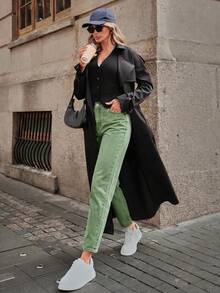 SHEIN ICON 休閒水洗高腰錐形牛仔褲 - 軍綠色 - 查看 9
