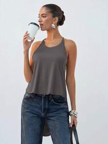 Hauture Backless Halter Top With Silver Line Trim - Dark Grey - View 6