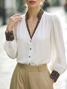 Balvessa Elegant Spring Contrast Color Leopard Print Trim Shirt, Lapel V-Neck Lantern Sleeve Gold Button Casual Office Top - White - View 3