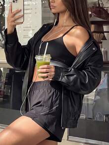 SHEIN Sports 女式松紧腰圆点印花宽松休闲短裤 - 黑色 - 查看 3