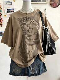 Lalippa American Vintage Polka Dot Tongue Out Cat Print Loose Crew Neck Khaki Short Sleeve T-Shirt Plus Size