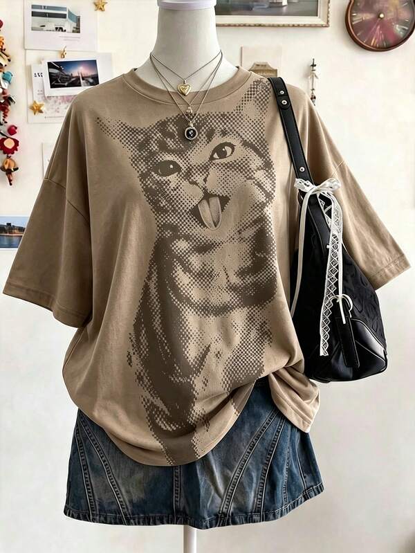 Lalippa American Vintage Polka Dot Tongue Out Cat Print Loose Crew Neck Khaki Short Sleeve T-Shirt Plus Size