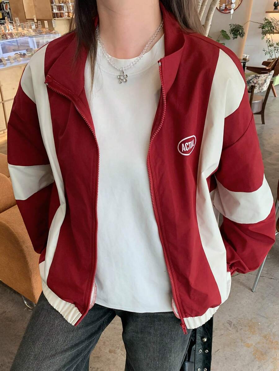 Dazy Plus Colorblock Patchwork Loose Street Casual Letter Print Red Jacket Spring Autumn - Red - View 1