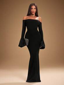 Radiana Women's Sexy Elegant 3D Puff Sleeve Cold Shoulder Black Long Fitted High Elastic Ribbed Knit Dress, Date Dinner Night Party Banquet Evening Ball Autumn - Black - View 4