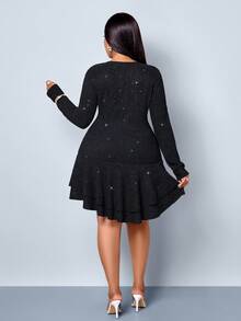 SOLERSUN Plus Size Women's Fashion Elegant Black Sequin Textured Fabric Ruched Fitted Mini Dress With Deep V-Neck, Long Sleeves, Layered Ruffle Hem And Asymmetrical Design, Suitable For Daily Commute, Party, Date, Vacation And Back To School Wear - Black - View 6