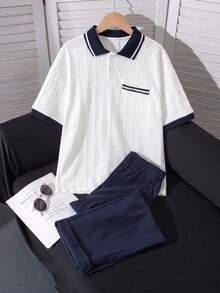 青少年男孩 2 件套套裝，短袖 Polo 衫搭配全幅 3D 纜繩針織紋理、羅紋領口袖口、口袋，海軍藍直筒長褲，夏季 - 彩色 - 查看 3