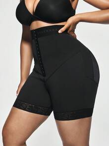 SHAPORA 1pc Plus Size Women's Solid Color High Waist Shaping Shorts - Black - View 4