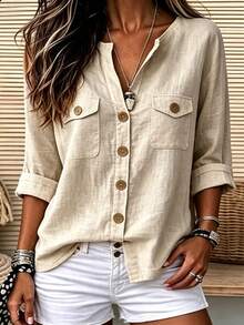 Trelyra French Commuter Vintage Wooden Button Textured Thin Top, Slouchy Half-Open Collar Double Pocket Rolled Sleeve Loose Casual Shirt - Khaki - View 3