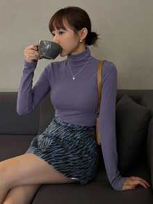DAZY 女款修身保暖內裡高領套頭T恤 - 紫色 - 查看 6